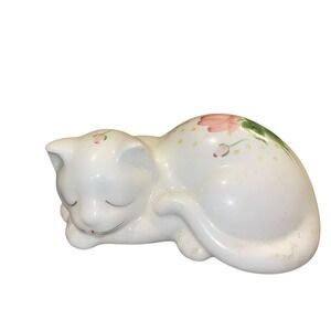 Vintage Lasting Products USA Ceramic Sleeping Cat Figurine w/ Hand Painted Roses